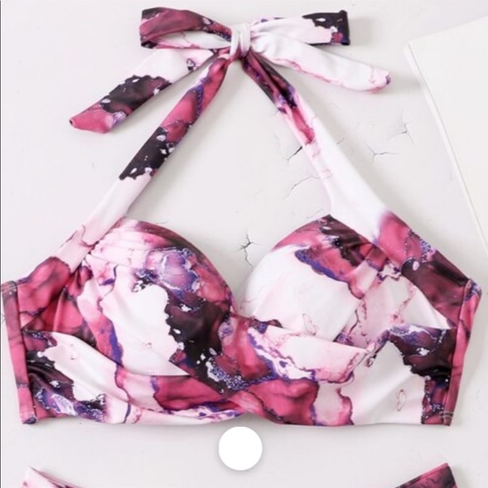 Boho Blue Pink White Tie Dye Marble Print High Waisted Twisted Halter Bikini Set - Picture 5 of 16